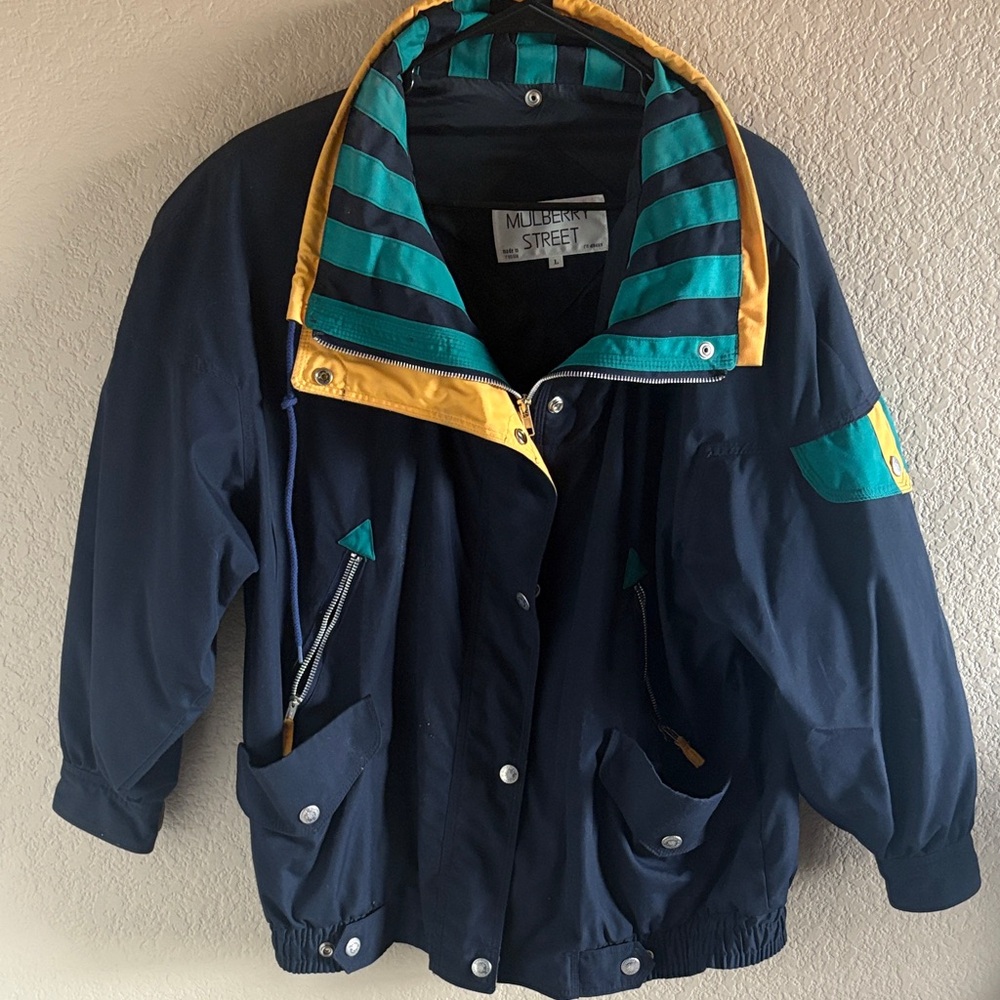 Mulberry Vintage 90s Navy Jacket with Yellow and Teal Accents